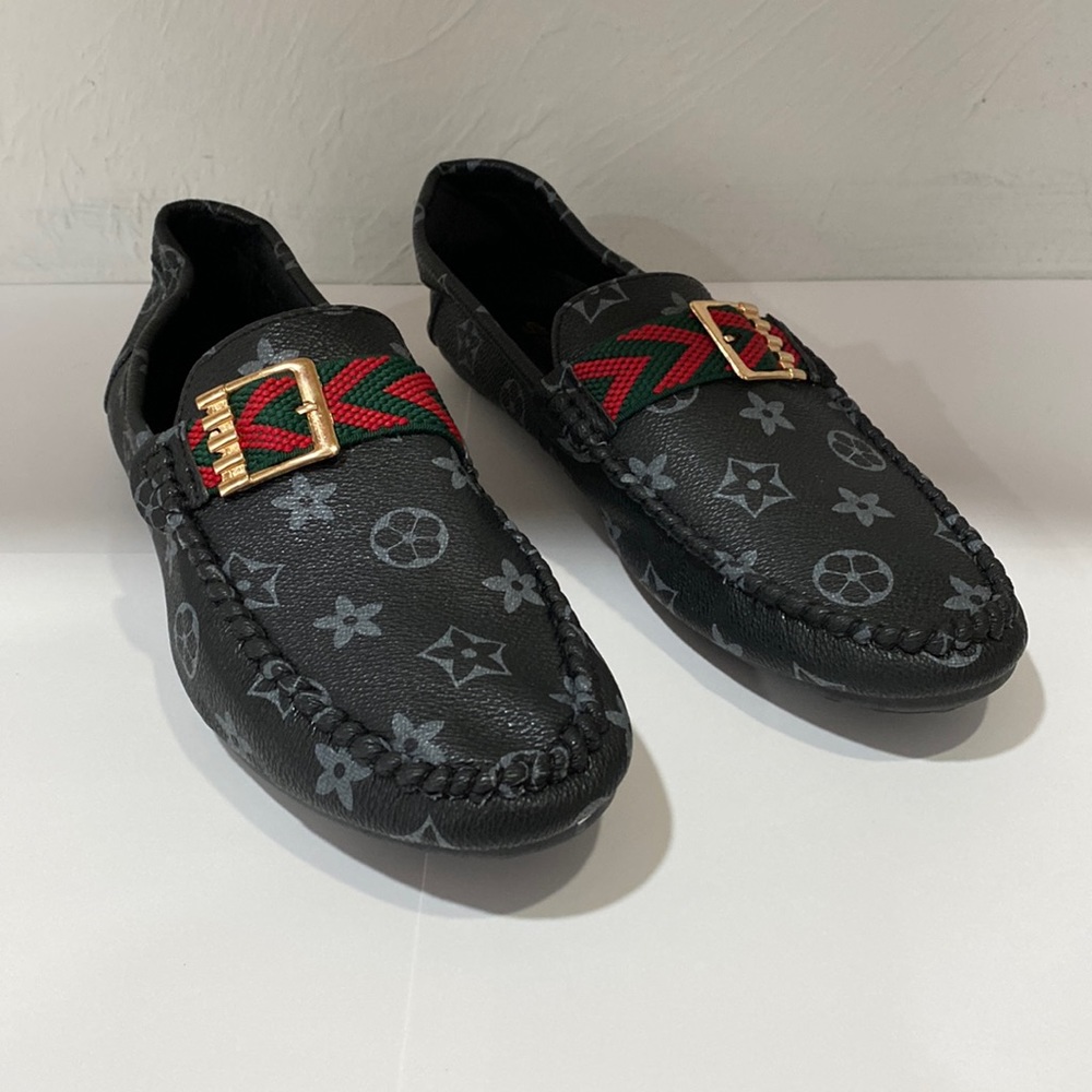 Black and gray loafers brand new black with gray flowers green and red buckle